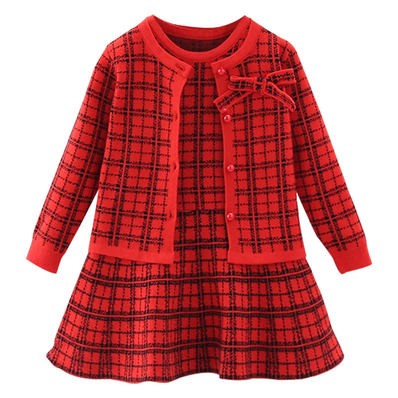 Autumn Children's Baby Sweater Knitting Long Sleeve Dress Christmas Day Party Girl's Plaid Sweater Coat Plaid Vest Suit Dress