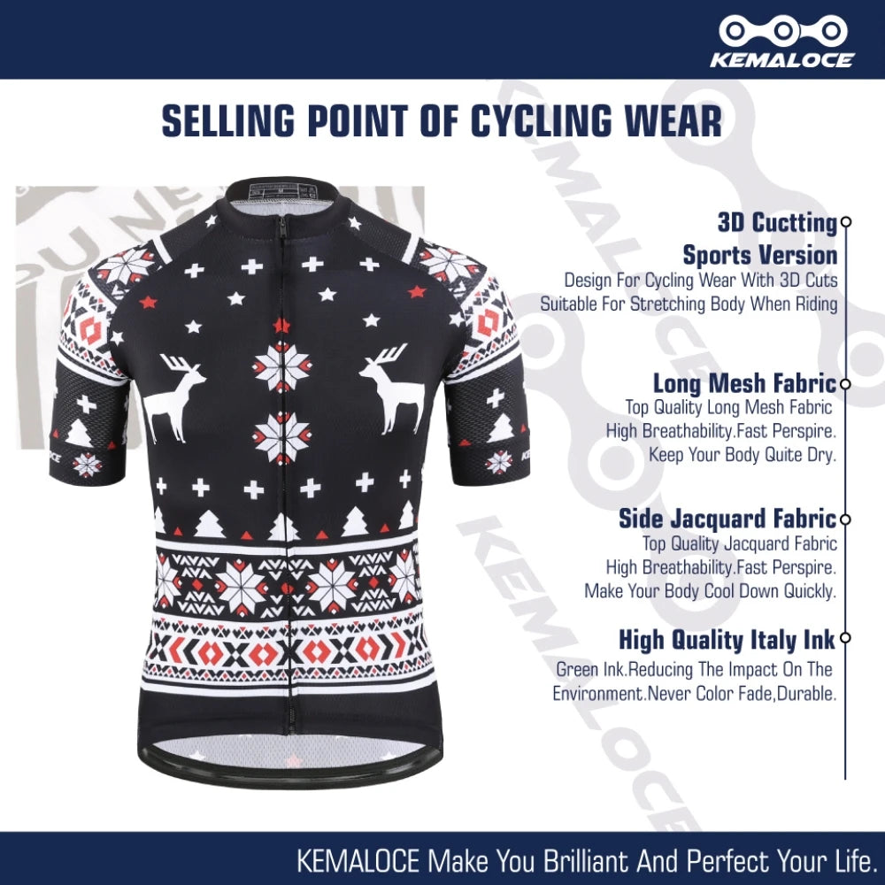 KEMALOCE Bike Jersey Anti-Wrinkle Black Christmas Short Sleeve New Bicycle Wear Top Quick Dry Retro Pro Cyclist Clothes Shirts