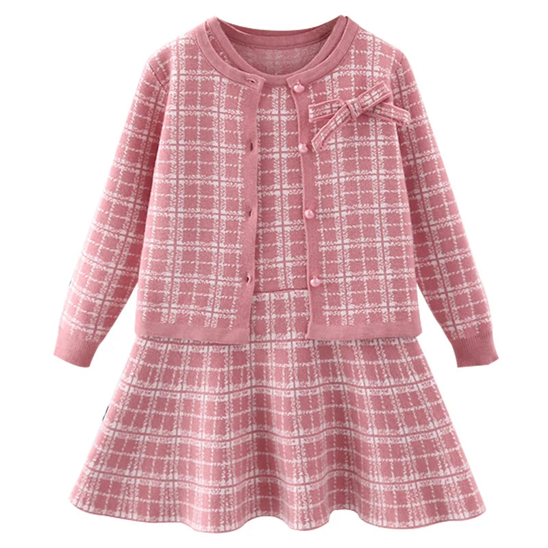 Autumn Children's Baby Sweater Knitting Long Sleeve Dress Christmas Day Party Girl's Plaid Sweater Coat Plaid Vest Suit Dress
