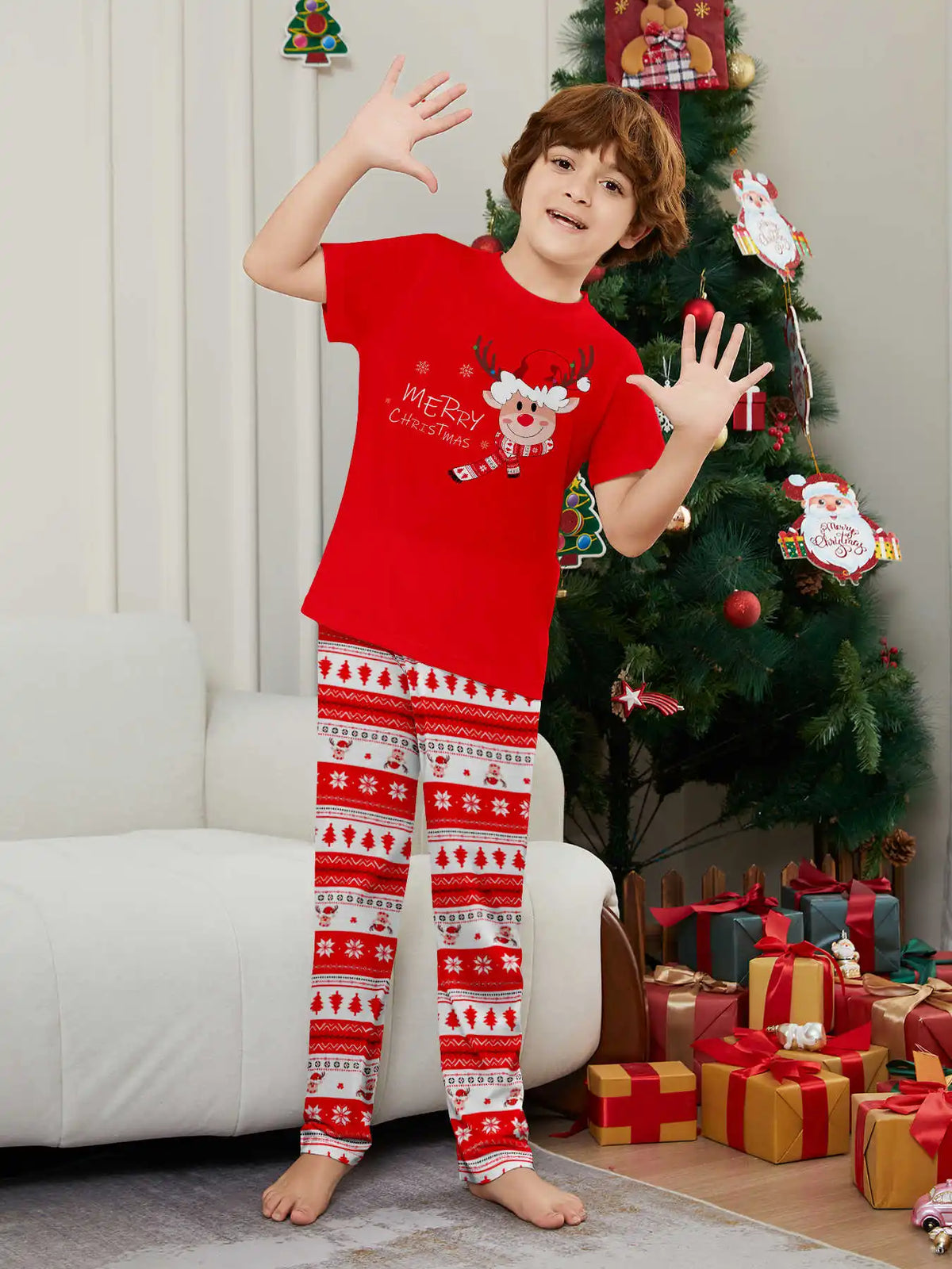 New Year's Costumes Short Sleeve Christmas Pyjamas Set Adults Kids Matching Outfits Cute Elk Print T-shirt+Trousers Loungewear