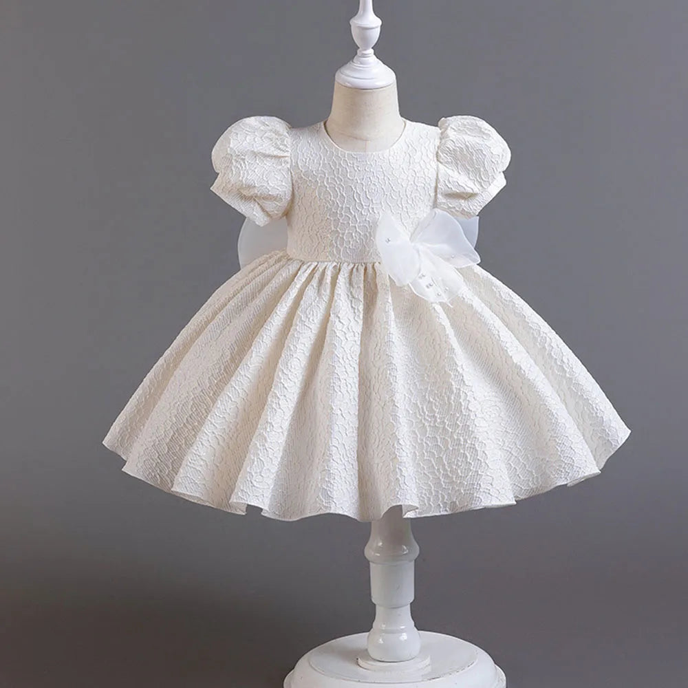 Super Pearl Bow Girl Kid's Dress Puff Sleeve Princess Jacquard Flower Infant Dress Gown Christmas Party Clothes 1-6 Years