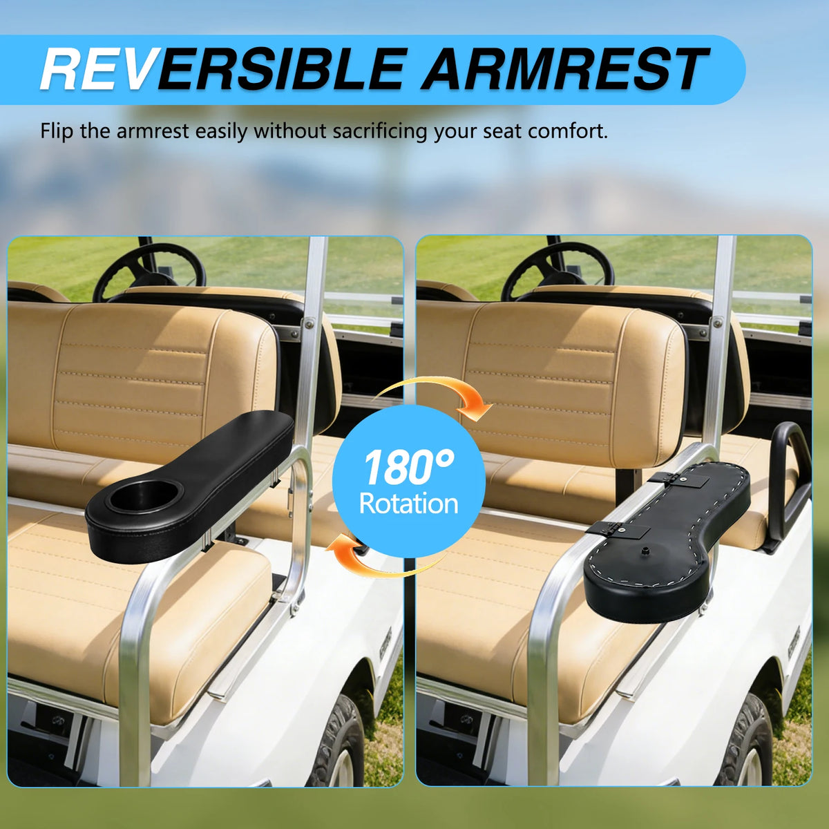 Nilight Golf Cart Armrest Black 2PCS Flip Stand Fits 1 inch Square No Drilling with Detachable Cup Holder Iron Bracket PU Leather Wooden Baseboard for EZGO Club Car Yamaha Rear Seat