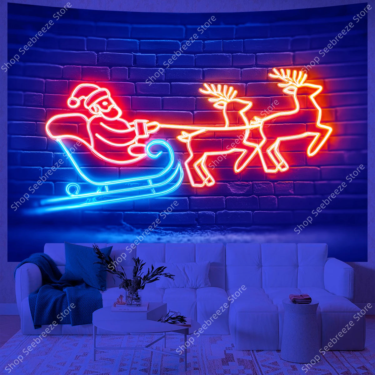 Neon Santa Claus Sleigh Ride UV Tapestry Glowing Reindeer Wall Hanging for Christmas Holiday Bedroom Living Room Office Decor
