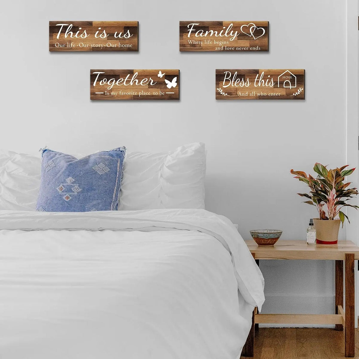 4 Pieces Home Wall Signs, THIS IS US/TOGETHER/BLESS THIS HOME/FAMILY Wall Decor For Living Room Bedroom, Rustic Wooden Farmhouse