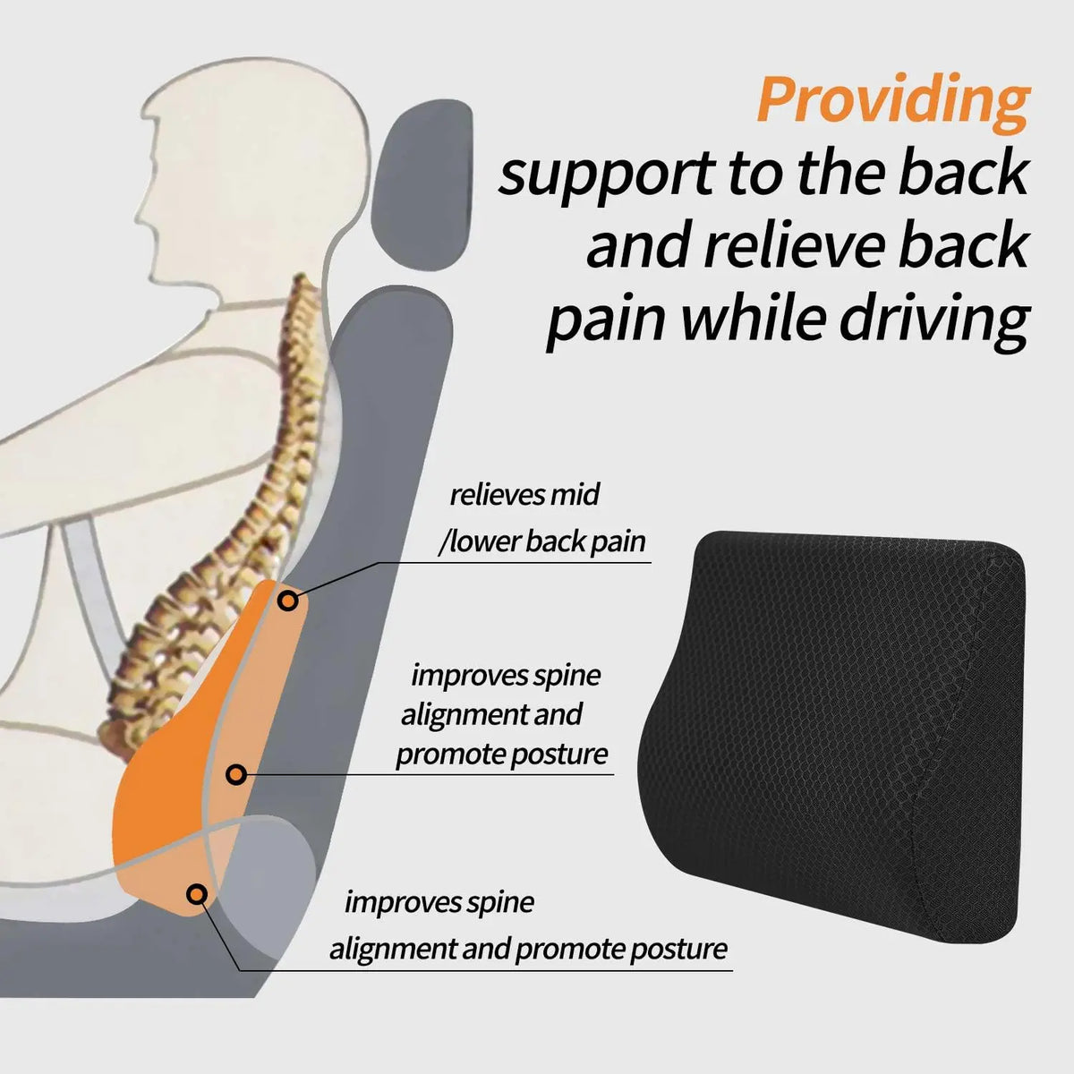 Memory Foam Lumbar Support Pillow for Car - Lower Back Support Cushion for Driving,   (Black)