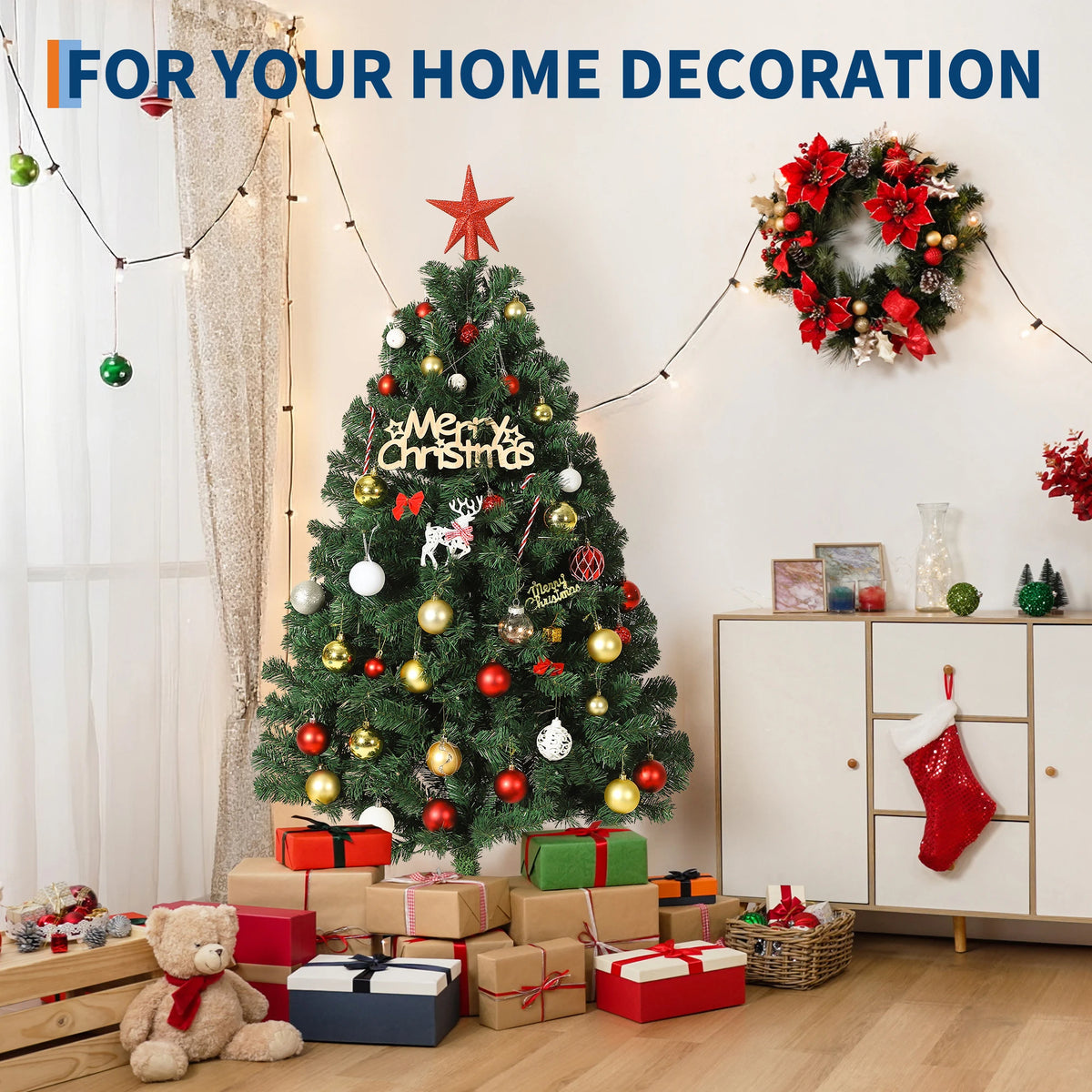 GAOMON Prelit Artificial Christmas Tree 6 Feet - Fraser Fir with 300 Multicolor Led Lights - Wide Hinged Design, Fire Resistant, Ul Certified - Ideal for Home and Office