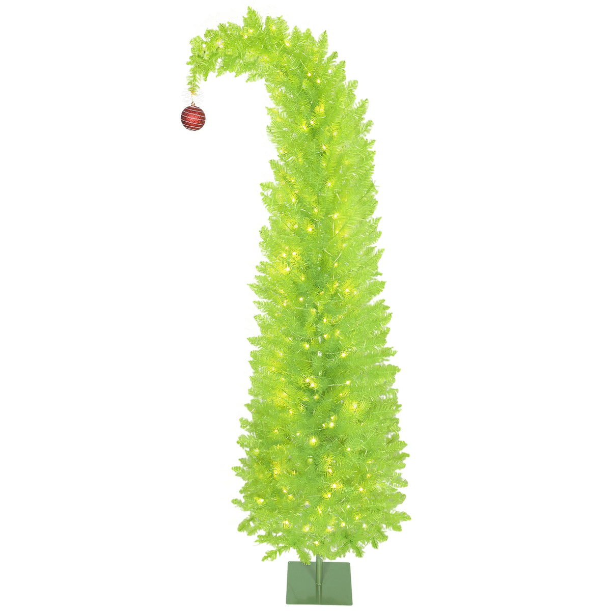 7FT Bright Green Whimsical Curved Artificial Christmas Tree Pre-lit with LED Lights, Bendable Xmas Tree for Indoor Holiday Home Party Decor
