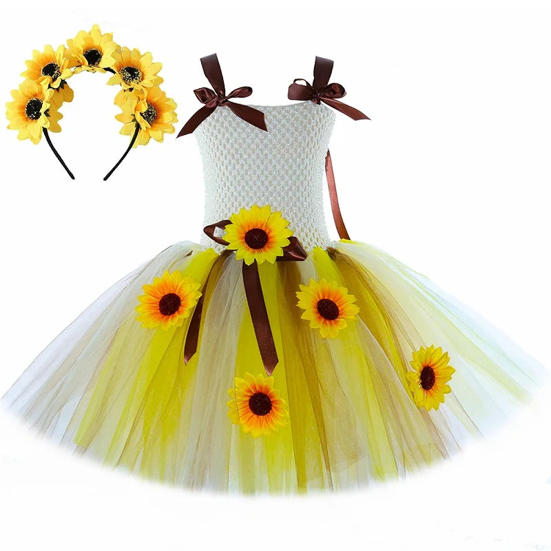 Sunflower Fairy Costume for Girls Fall Autumn Sun Flowers Tutu Dress Toddler Kids Halloween Christmas Party Tulle Princess Dress