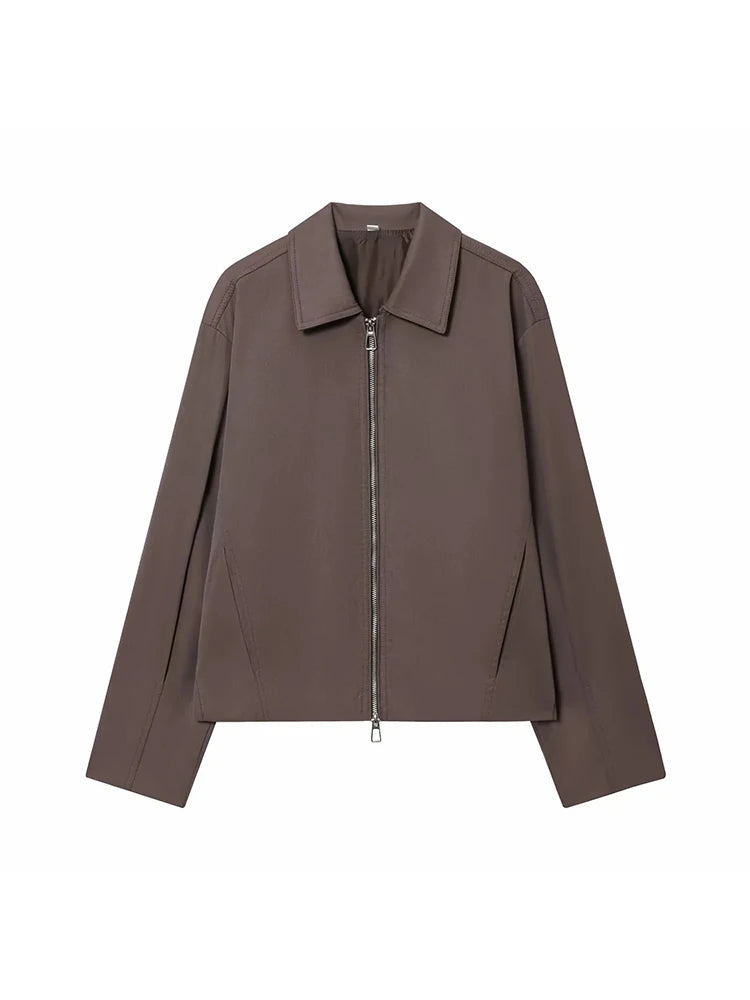 Women Casual Solid Zipper Coat Women Street Lapel Pockets Long Sleeve Simple Pleated Female Outwear Fashion Bomber Jacket