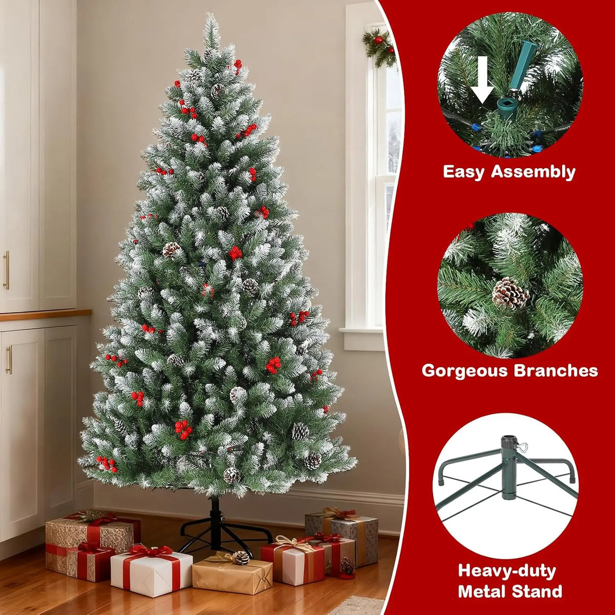 5FT Snow-Flocked Artificial Christmas Tree with Berries – 850 PE/PVC Branch Tips, Easy Assembly Hinged Design, Holiday Decor for Home