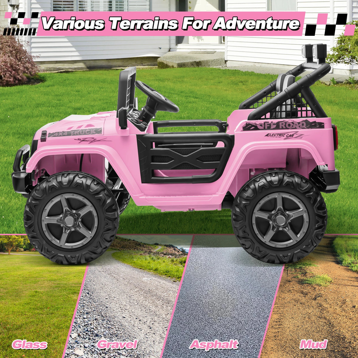 Joyracer 800W 24 Volt Ride on Toys for Big Kids, 4WD/2WD Switchable, 2 Seater Ride on Truck Car W/ Remote Control, Power Car Wheels, 3 Speeds, Spring Suspension, Bluetooth Music, Pink