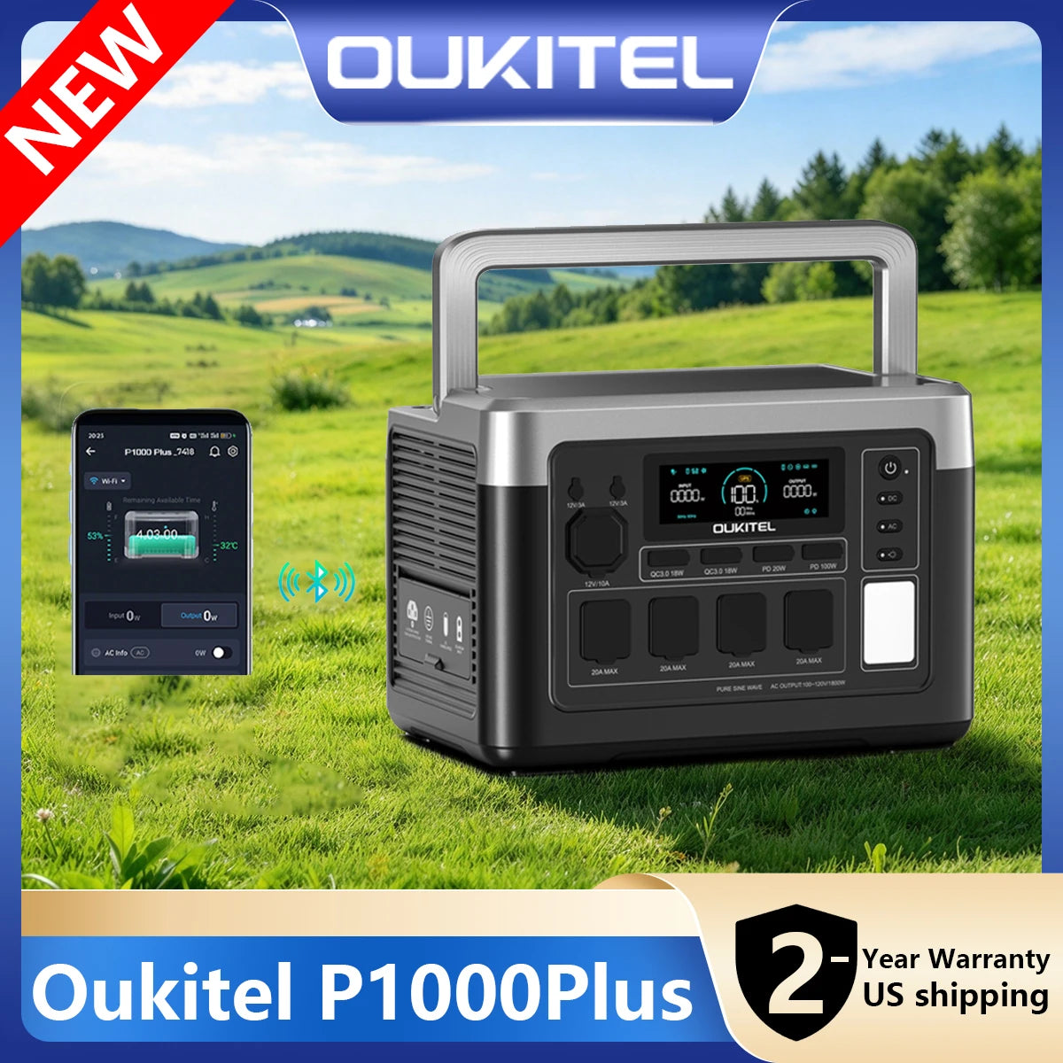 OUKITEL P1000 PLUS Portable Power Station 1024Wh LiFePO4 Solar Generator, 1800W 3600W Surge, 1 Hour Fast Charging, 10ms UPS, 100W PD, 11 Outputs, Lightweight Backup Power for Home Emergency Camping RV Hurricane Outdoor