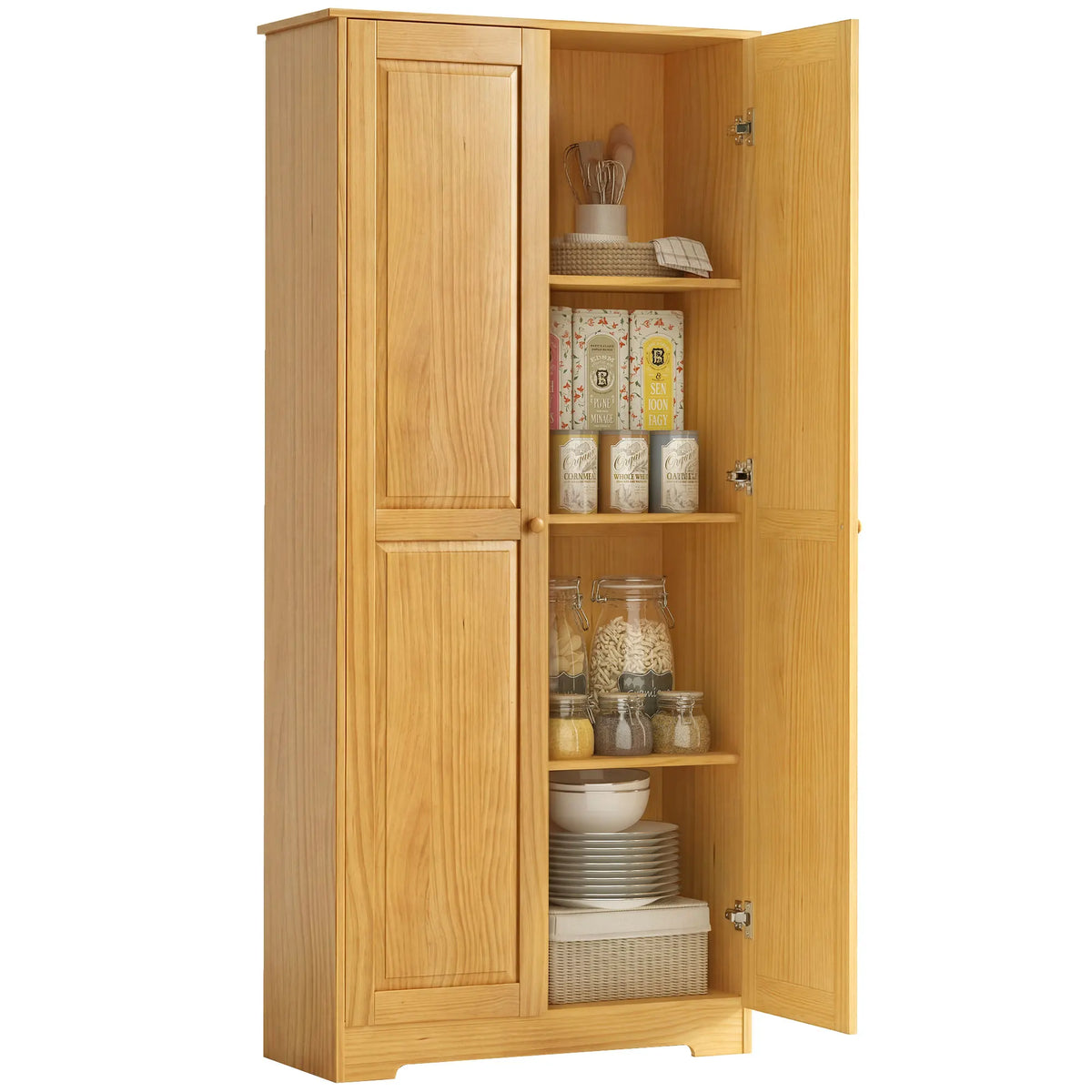 HOMCOM 67" Pinewood Kitchen Pantry Storage Cabinet, Freestanding Cabinets with Adjustable Shelves, Solid Wood Food Pantry with Soft-Close Doors for Living Room Dining Room, Brown