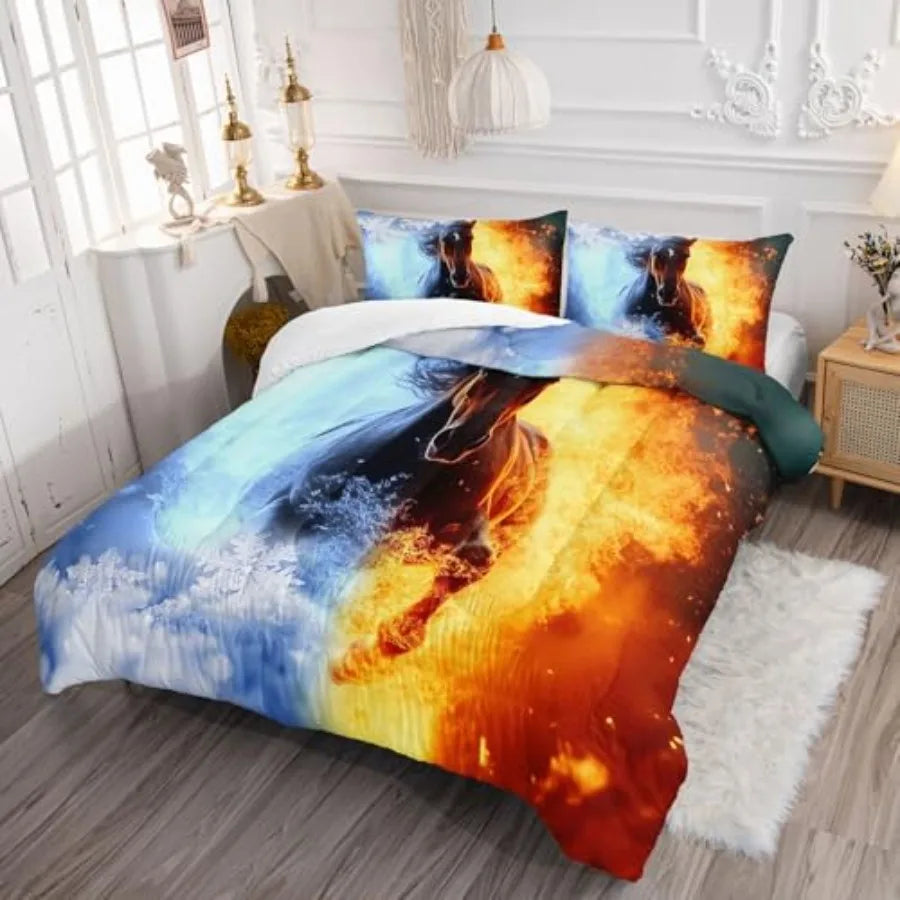 3D Comforter Set Fire Ice Printed Bedding Set with 1 Comforter and 2 Pillowcases for Boys and Girls Bedroom All Season Twin