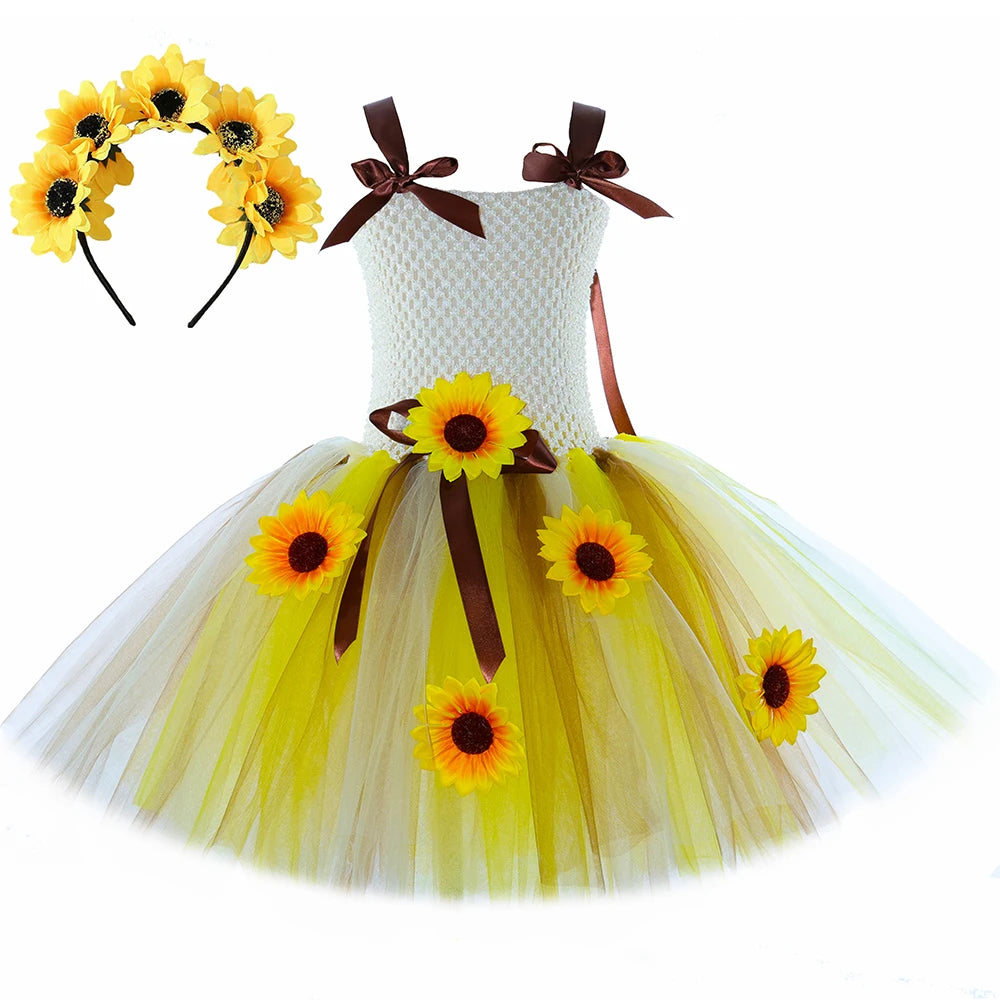 Sunflower Fairy Costume for Girls Fall Autumn Sun Flowers Tutu Dress Toddler Kids Halloween Christmas Party Tulle Princess Dress