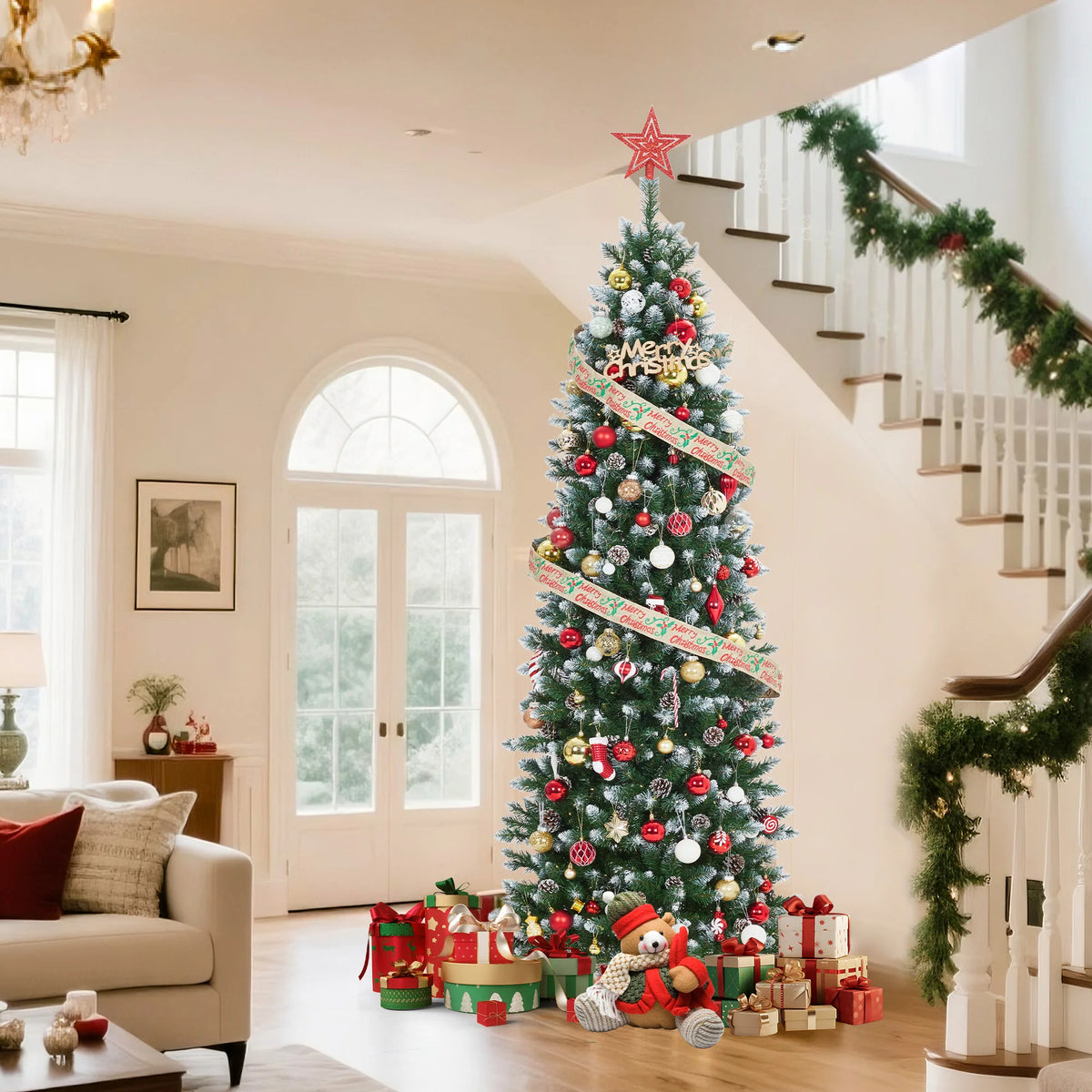 12ft Pre-Lit Flocked Slim Pencil Christmas Tree with 700 Warm White LEDs, 60 Pine Cones & Collapsible Metal Stand – Artificial Xmas Tree for Indoor Outdoor Holiday Decor