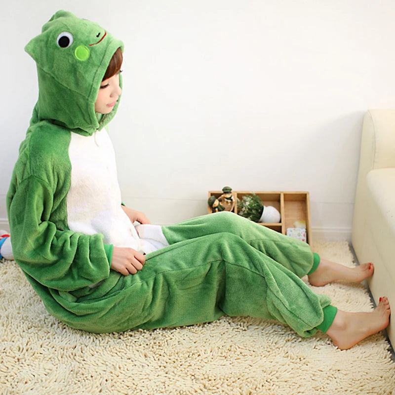 Adult Kids Family Onesie Sleepwear Flanne Animal Frog Cartoon Pajamas Unisex Christmas Halloween Anime Cosplay Costumes Jumpsuit