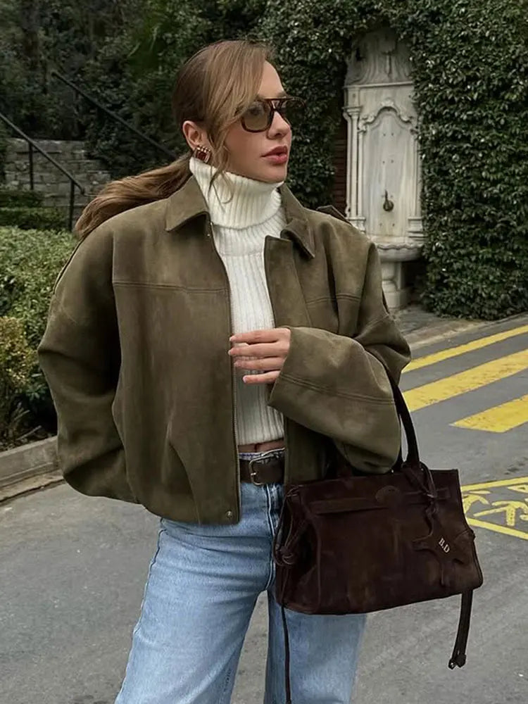 HH Women Elegant Party Jacket Loose Casual Office Coat Lapel Zipper Long Sleeve Vintage Autumn Vacation Winter Solid Outerwear