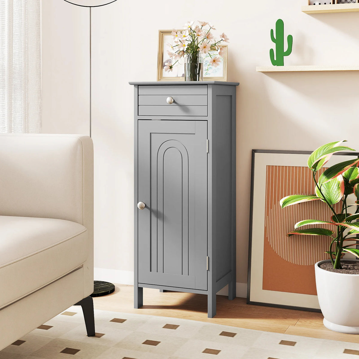 Costway Bathroom Floor Cabinet Storage Organizer Free-Standing w/ Drawer Grey