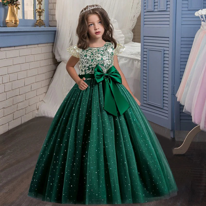 New Christmas Party Princess Long Dress Children's Gauze Lace Birthday Party Dinner Ball Big Butterfly Dress