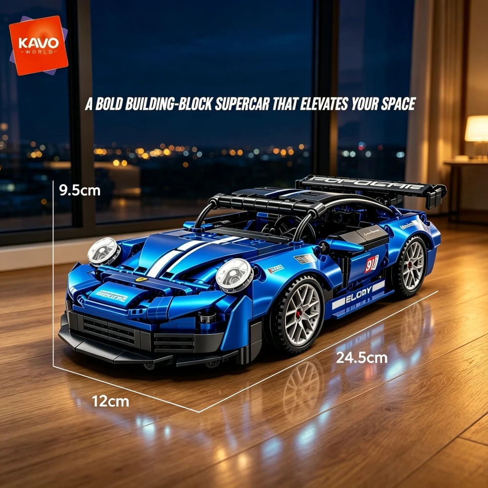 KAVOWORLD Metallic Blue Plated Sports Car Building Blocks Small Supercar Model Toy Kit Race Car Building Set for Teens 14+ GT Assembly Display Model with Rear Wing Spoiler European Classic Speed Car Desktop Decor Halloween Th