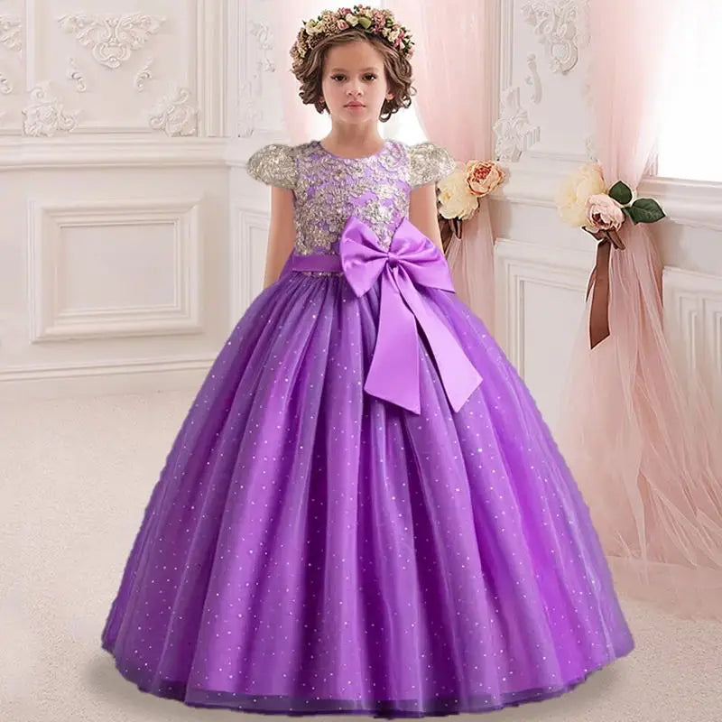 New Christmas Party Princess Long Dress Children's Gauze Lace Birthday Party Dinner Ball Big Butterfly Dress