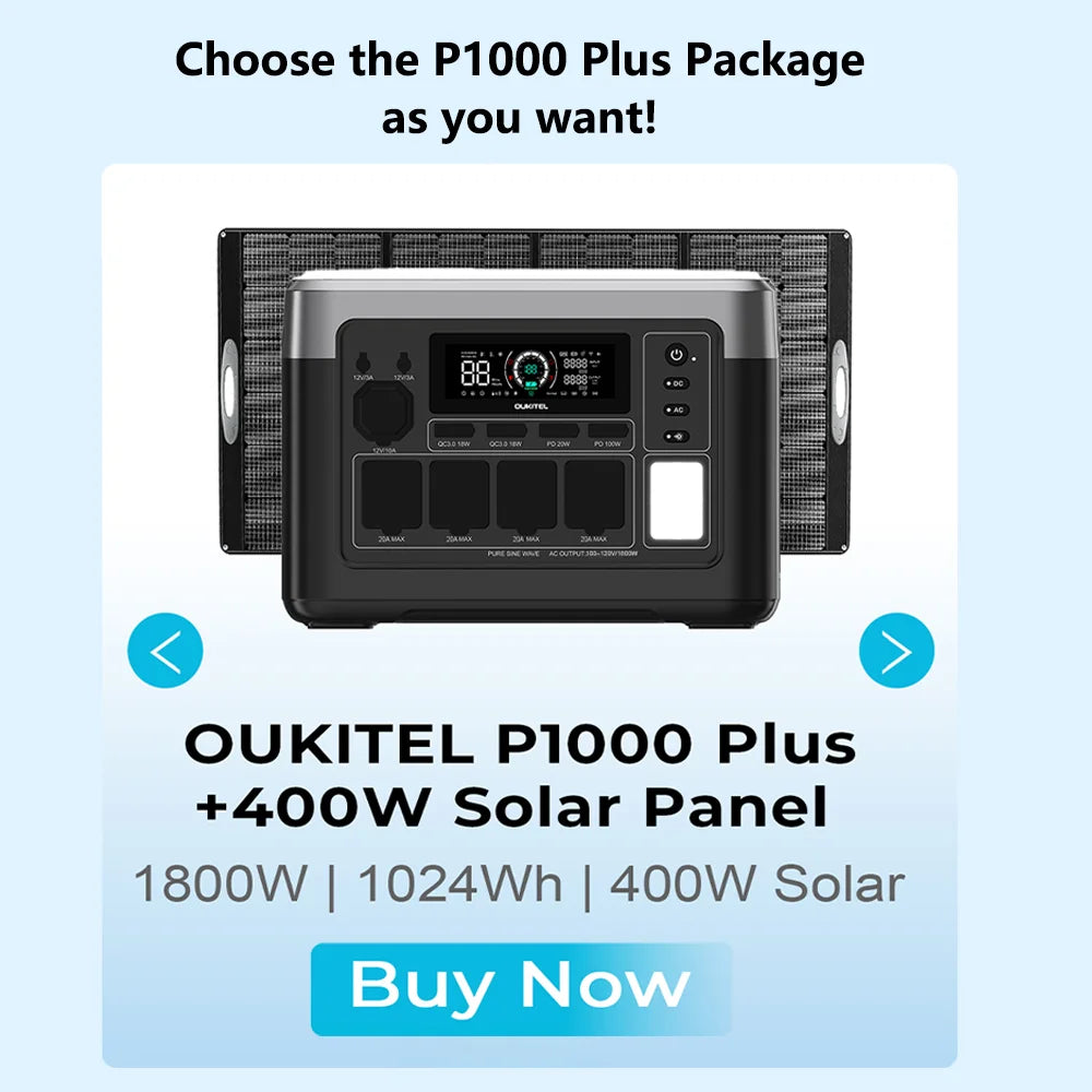OUKITEL P1000 PLUS Portable Power Station 1024Wh LiFePO4 Solar Generator, 1800W 3600W Surge, 1 Hour Fast Charging, 10ms UPS, 100W PD, 11 Outputs, Lightweight Backup Power for Home Emergency Camping RV Hurricane Outdoor