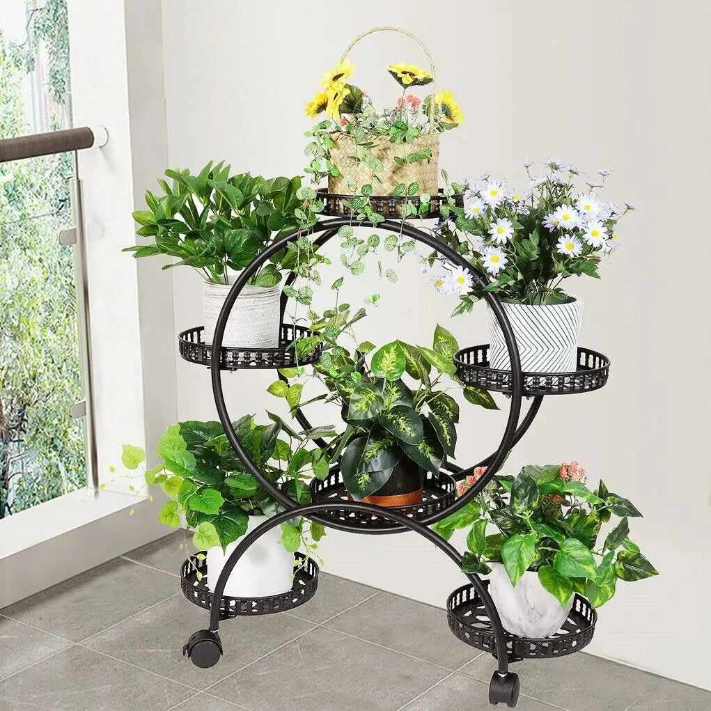 4 Layer 6 Pots Flower Holder Plant Stand Shelf 4-Wheel Free Moving Dispaly Shelf Rack Balcony