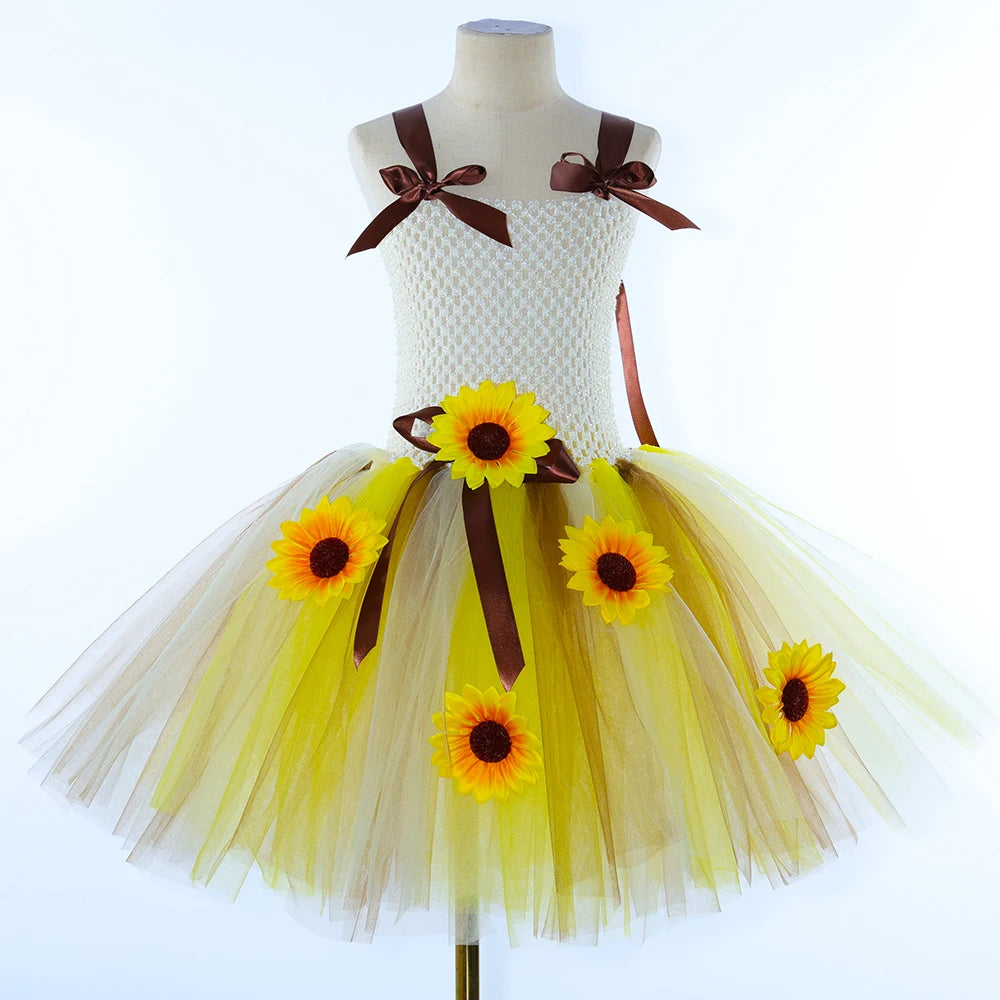 Sunflower Fairy Costume for Girls Fall Autumn Sun Flowers Tutu Dress Toddler Kids Halloween Christmas Party Tulle Princess Dress