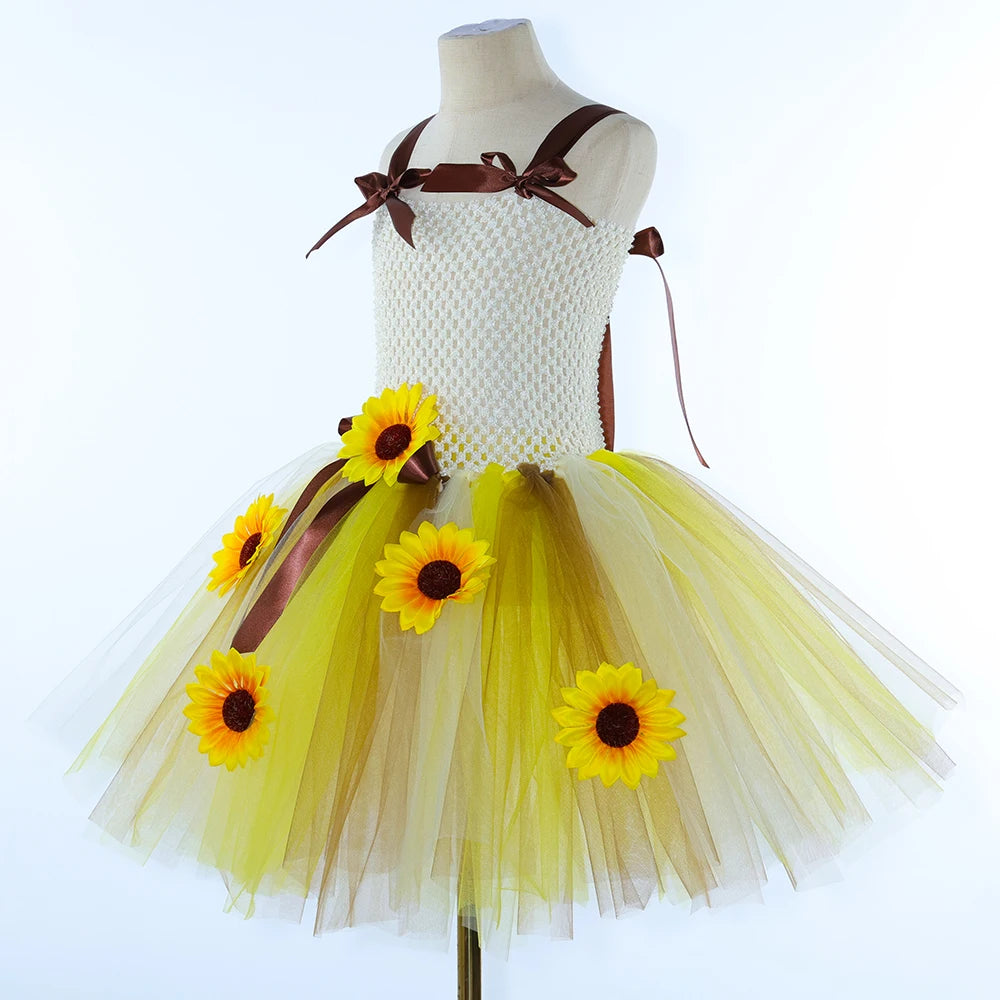 Sunflower Fairy Costume for Girls Fall Autumn Sun Flowers Tutu Dress Toddler Kids Halloween Christmas Party Tulle Princess Dress