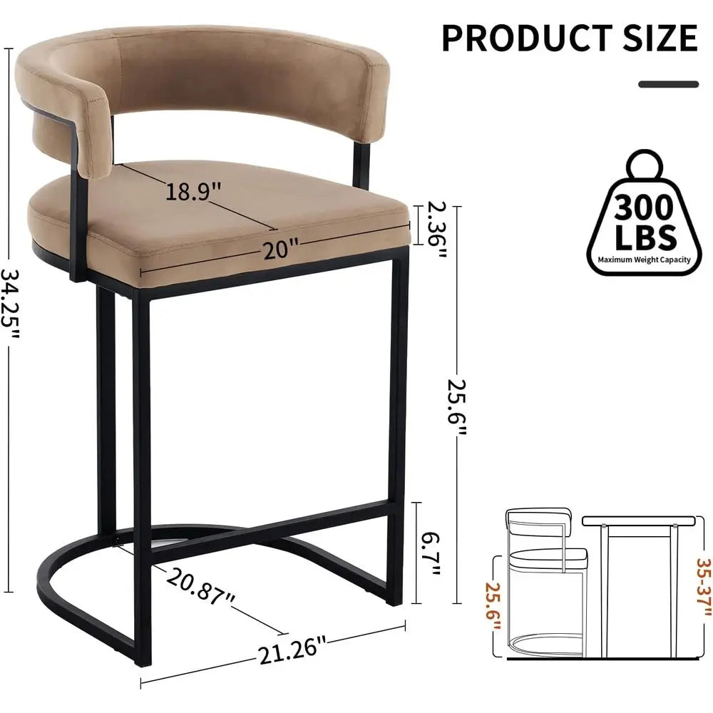 Set o 2 Brown ern Velvet Bar Stools with Barrel Backrest, Upholstered Seat, and Black Metal ootrest – 25.6-Inch Seat Height, Ide