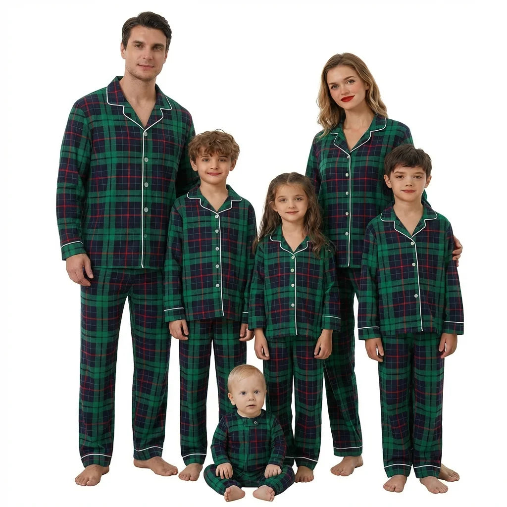 Merry Xmas Family Matching Pajamas Set Plaid Print Adults Kids Christmas Pyjamas Button Shirt+Trousers 2 Pieces Suit Loungewear