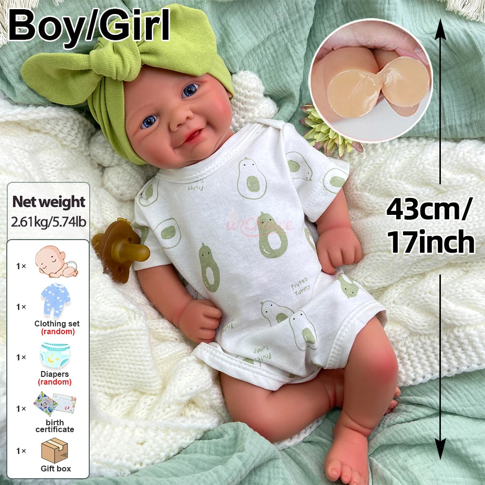 17Inch Silicone Reborn Baby Girl Handmade Soft Lifelike Waterproof Newborn Doll Toy Comfortable to Hold for Christmas Gift