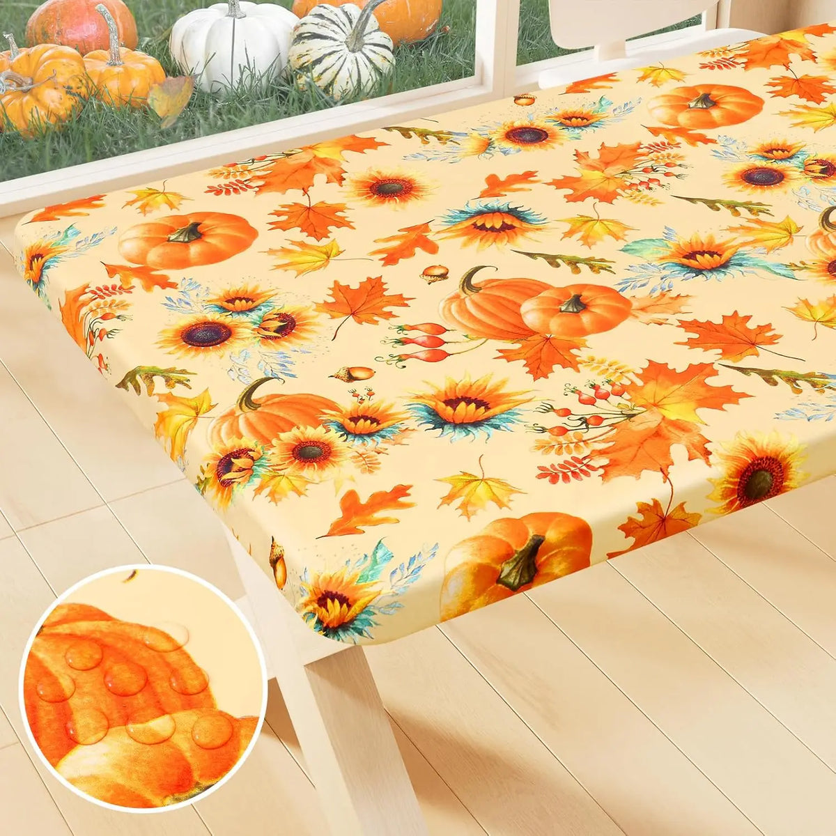 Waterproof PVC Flannel Table Cover Elastic Fitted Tablecloth Floral Pumpkin Christmas Pattern Dining Party Decoration
