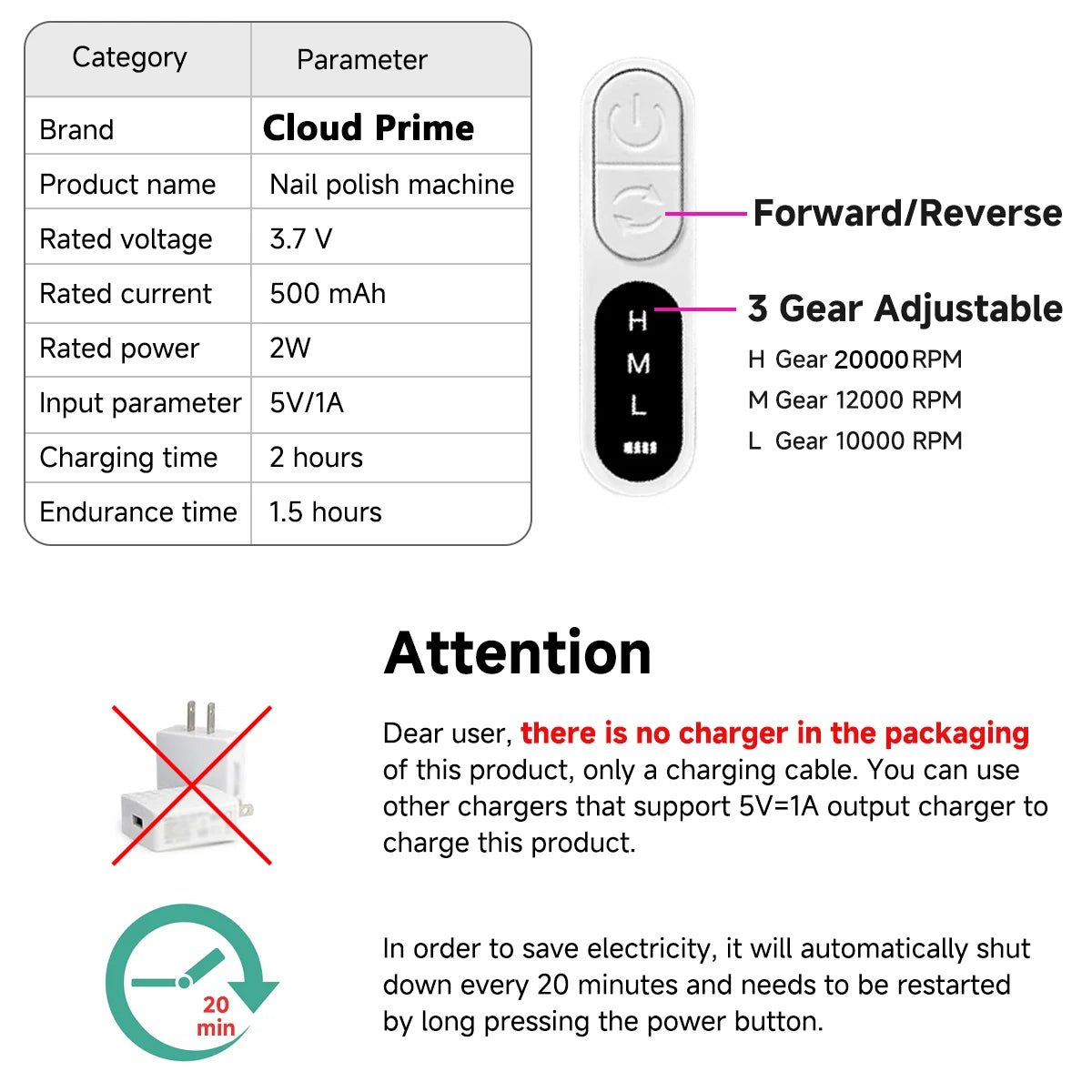 Cloud Prime Nail Drill, Adjustable 20000 RPM Portable Cordless Professional Electric Nail Polish Machine With Nail Clippers, Bits Kit, Manicure Pedicure Polishing Shape Tools For Manicure Salon Christmas And New Year Gifts