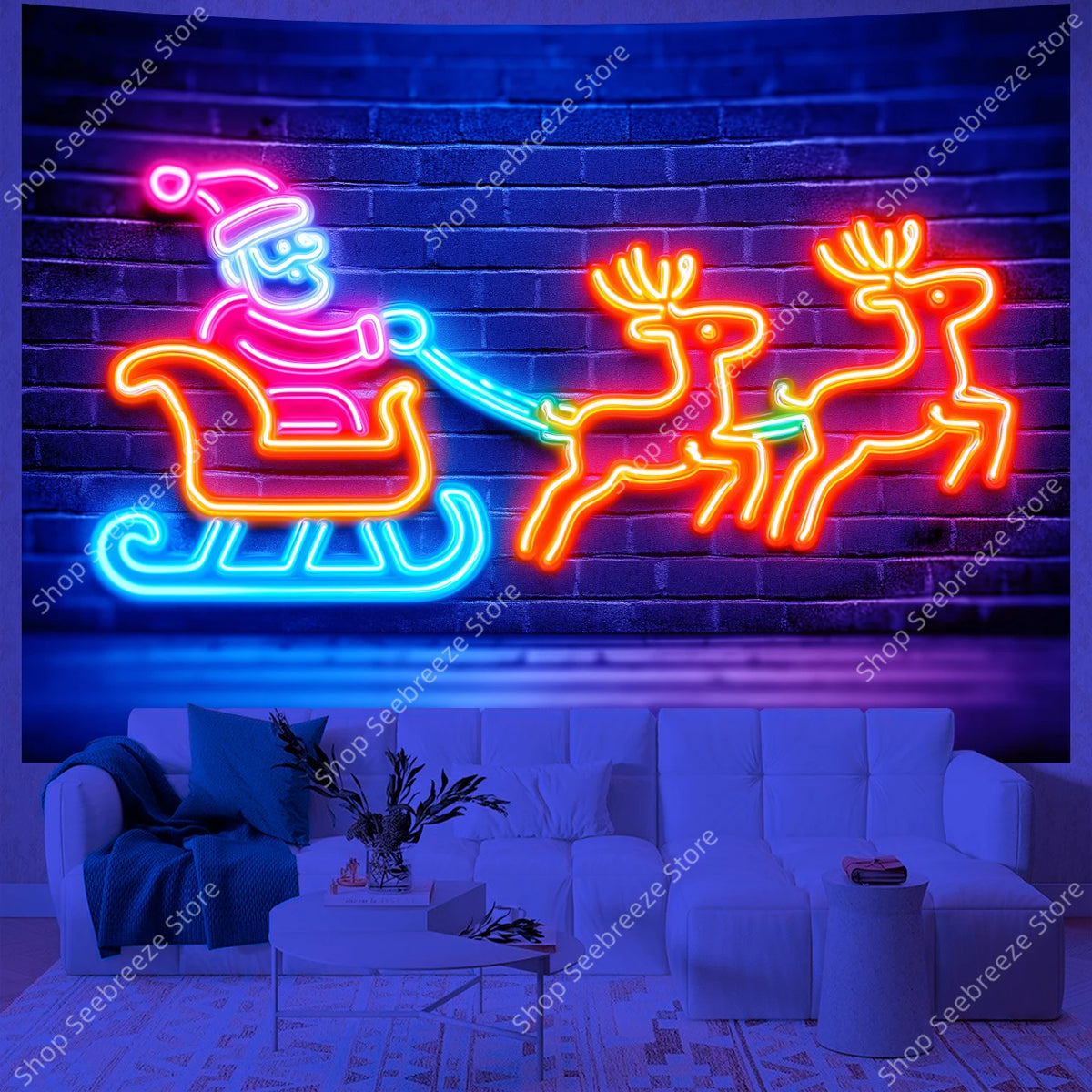 Neon Santa Claus Sleigh Ride UV Tapestry Glowing Reindeer Wall Hanging for Christmas Holiday Bedroom Living Room Office Decor