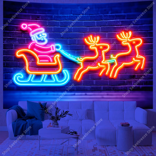 Neon Santa Claus Sleigh Ride UV Tapestry Glowing Reindeer Wall Hanging for Christmas Holiday Bedroom Living Room Office Decor