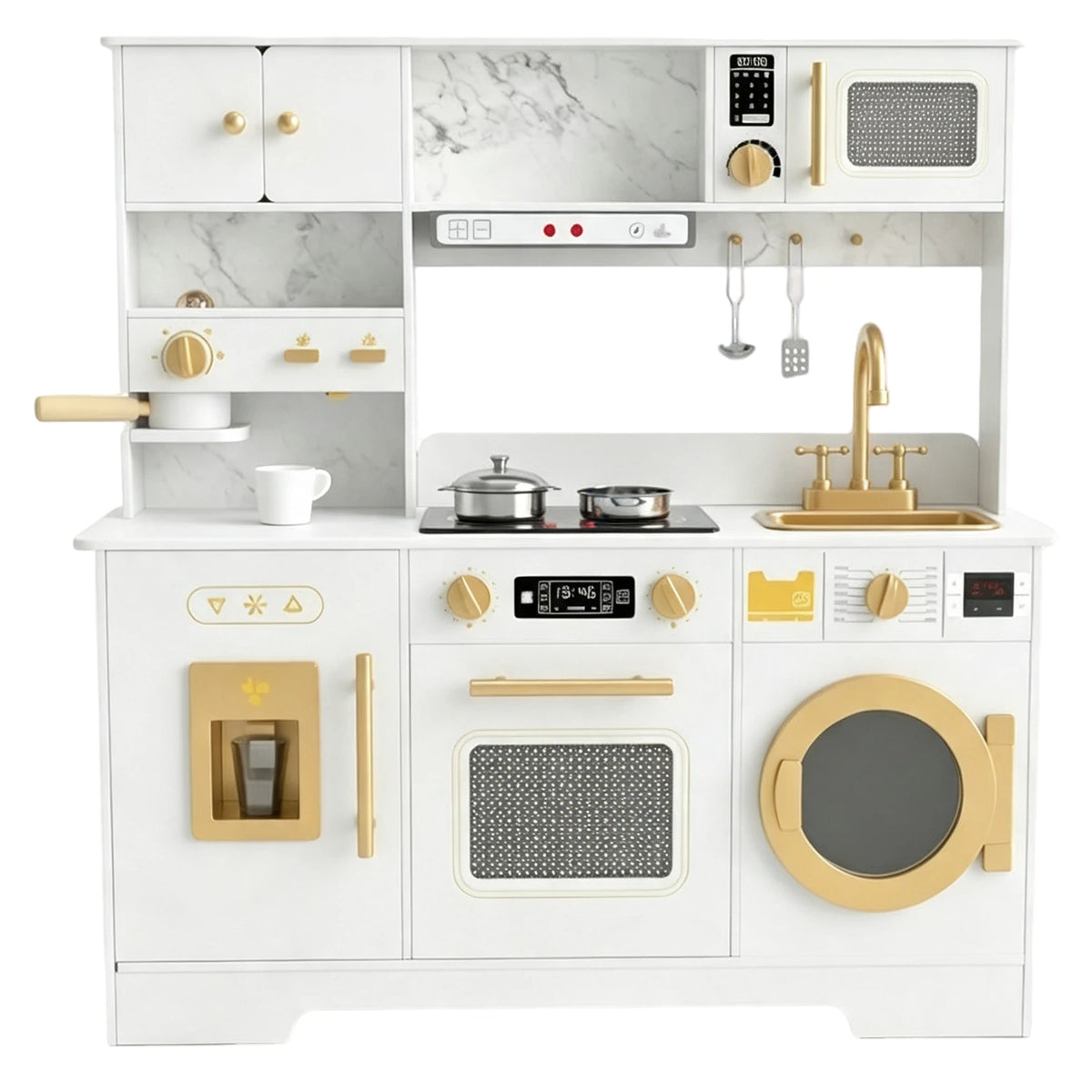 8-in-1 Wooden Play Kitchen Set For Kids With Lights Sounds, Ice Maker, Coffee Machine, Washer, 11 Accessories & Storage, Ages 3+