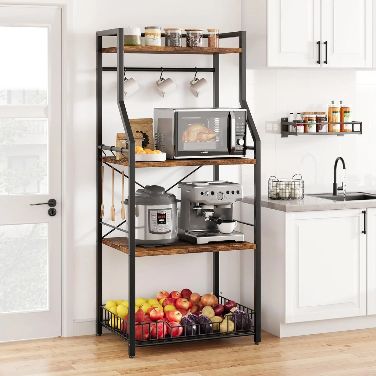 4 Tier Kitchen Bakers Rack with Microwave Stand Coffee Bar Station Freestanding Storage Shelf with Wire Basket 8 Hooks Industrial Style Organizer for Kitchen Pantry Dining Room