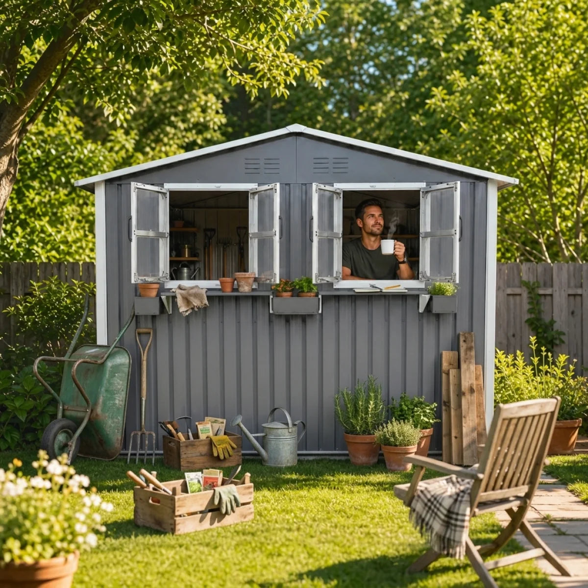9x6 FT Outdoor Metal Storage Shed with Window & Flower Rack, Lockable Double Doors Tool Shed, Waterproof Weatherproof Garden Shed for Backyard Patio,  Coal Gray