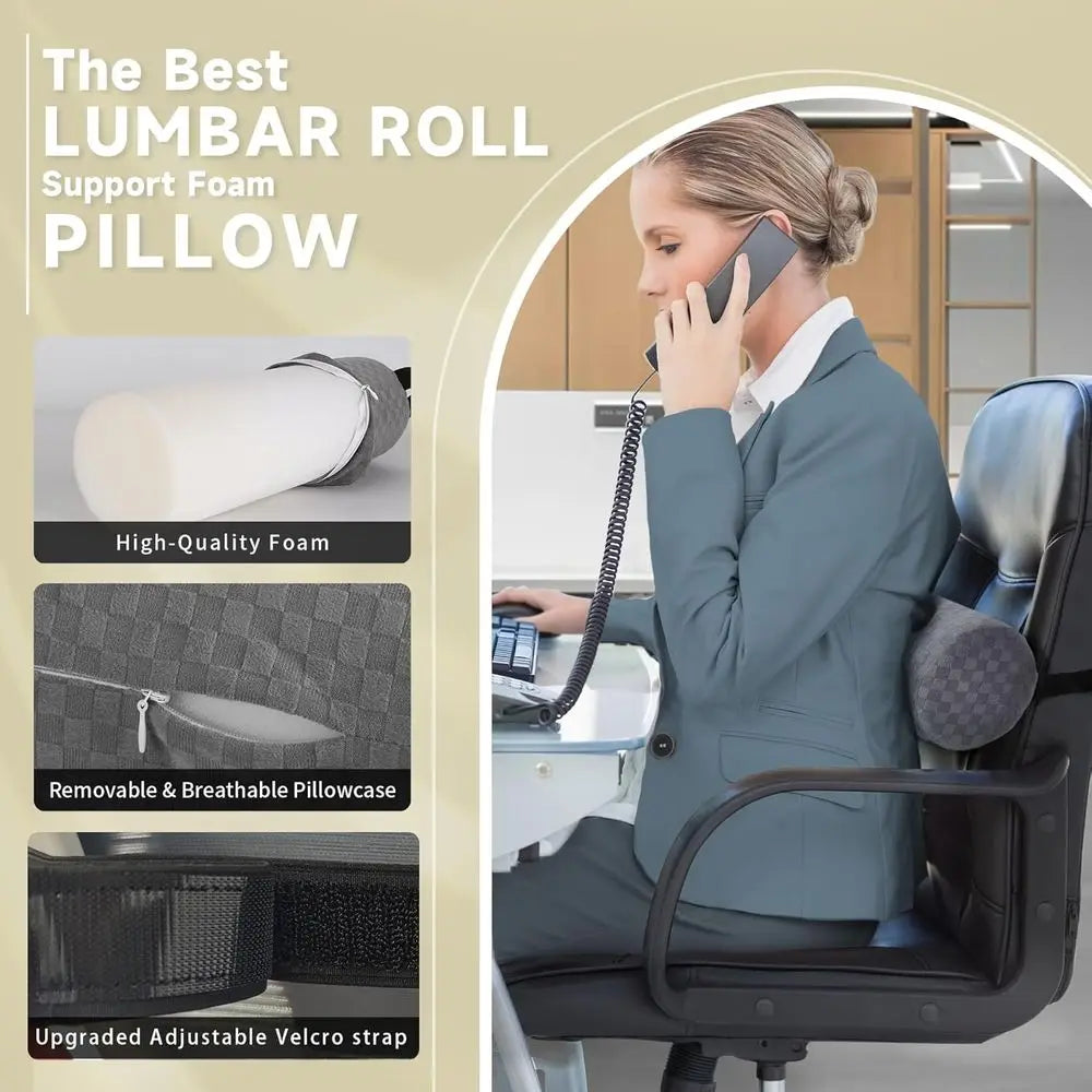 Enhanced Lumbar Roll Cushion with Removable Cover and Adjustable Strap for Office, Chair, Car Seat Support and Posture Improveme