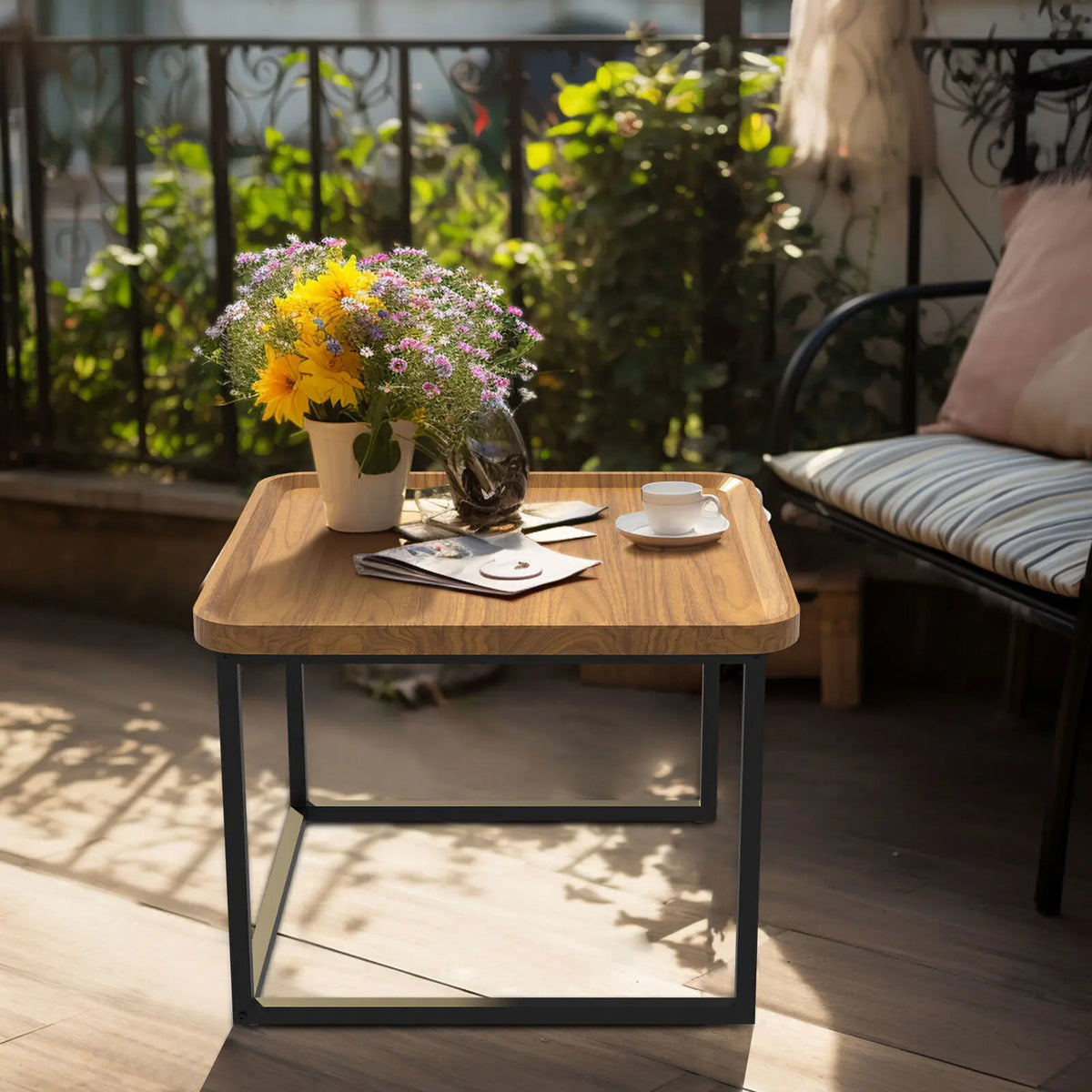 LUVODI Set of 2 Industrial Coffee Table Retro Square Wooden Center Tea Table with Metal Base for Living Room Sofa