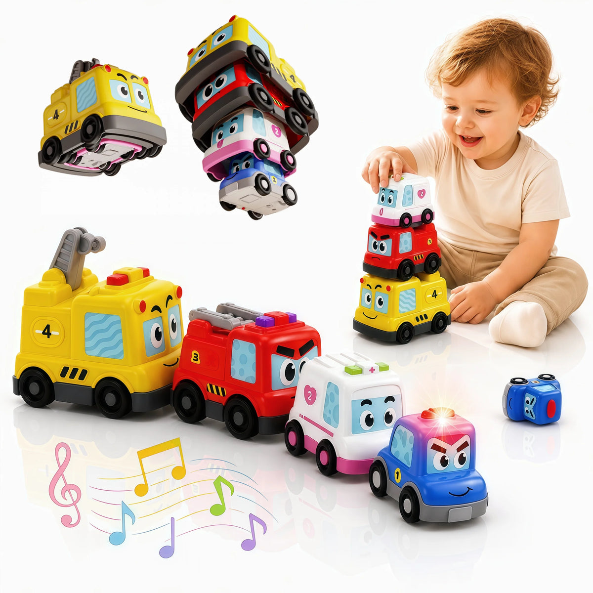 Hotfree 4 in 1 Montessori Toy Cars Set - Stacking Nesting Magnetic Following Toddler Toys 1-2, Sensory Toys with Lights, Music & Cars Toys, STEM Educational Toy, Baby Toys Christmas Birthday Gifts for KIds Boys Girls