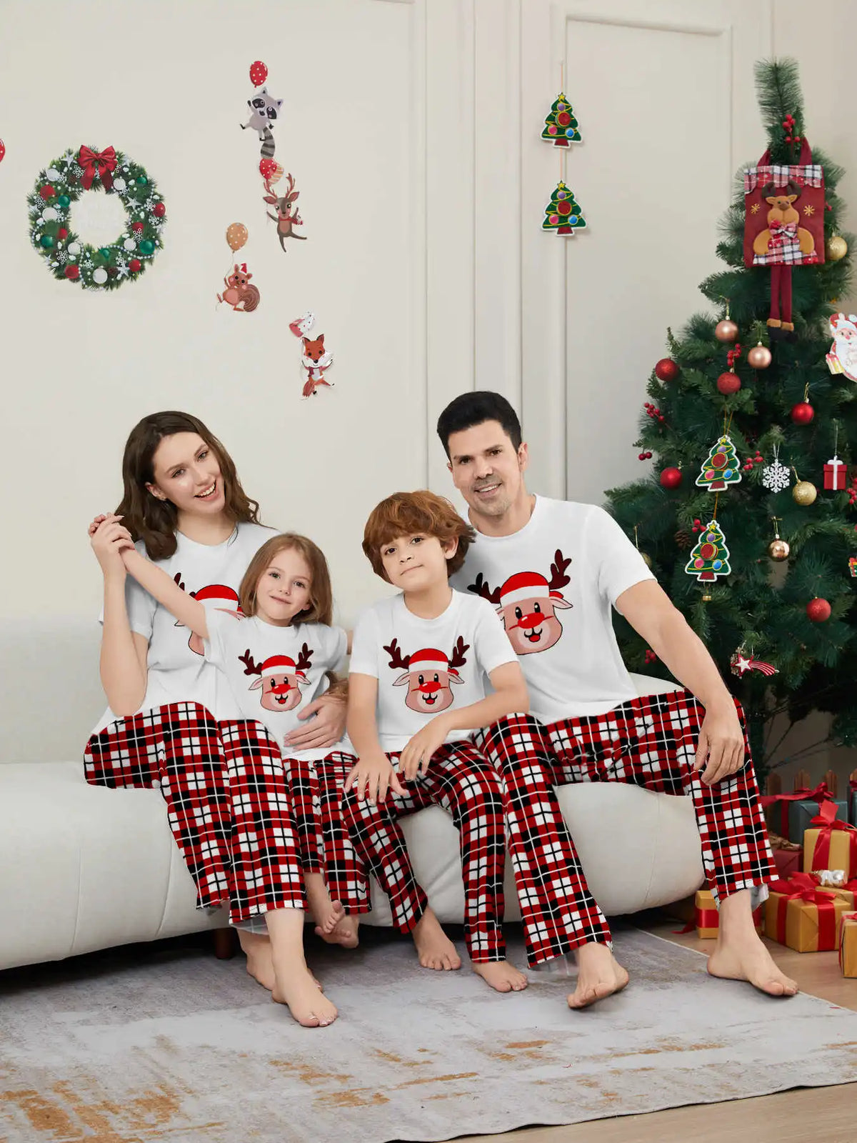 New Year's Costumes Short Sleeve Christmas Pyjamas Set Adults Kids Matching Outfits Cute Elk Print T-shirt+Trousers Loungewear