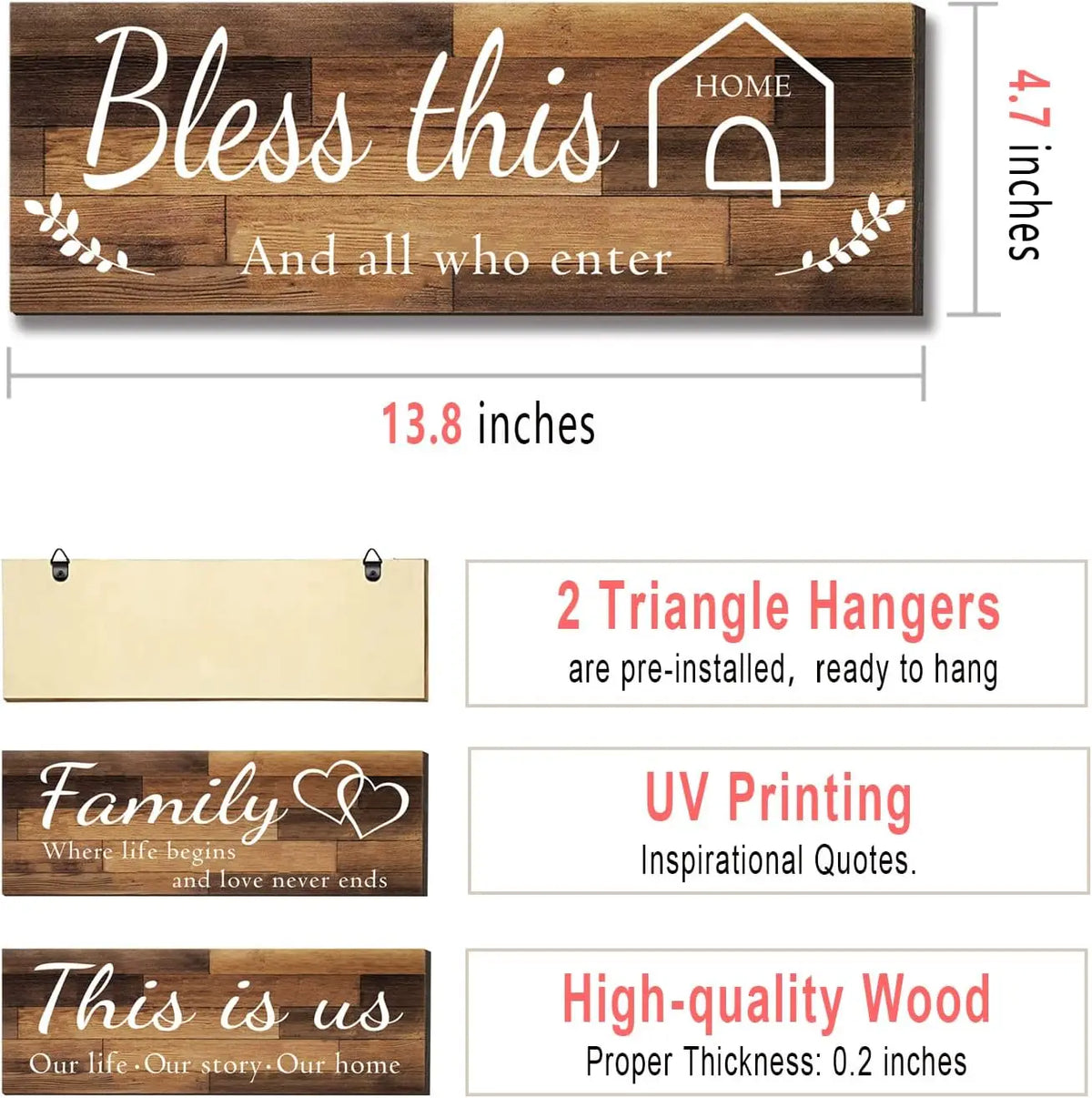 4 Pieces Home Wall Signs, THIS IS US/TOGETHER/BLESS THIS HOME/FAMILY Wall Decor For Living Room Bedroom, Rustic Wooden Farmhouse