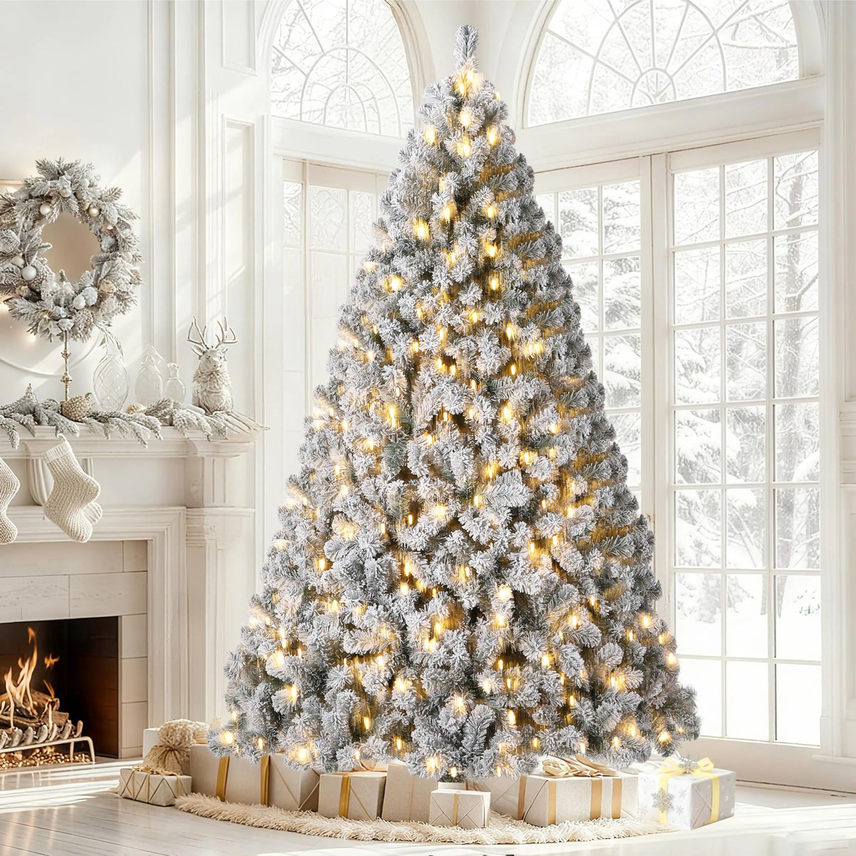 6FT/7.5FT Flocked Artificial Christmas Tree with Snowy Warm White LED Lights Hinged Divisions & Metal Stand  Soft Snow Fraser Fir Holiday Decor for Home & Office