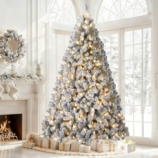 6FT/7.5FT Flocked Artificial Christmas Tree with Snowy Warm White LED Lights Hinged Divisions & Metal Stand  Soft Snow Fraser Fir Holiday Decor for Home & Office