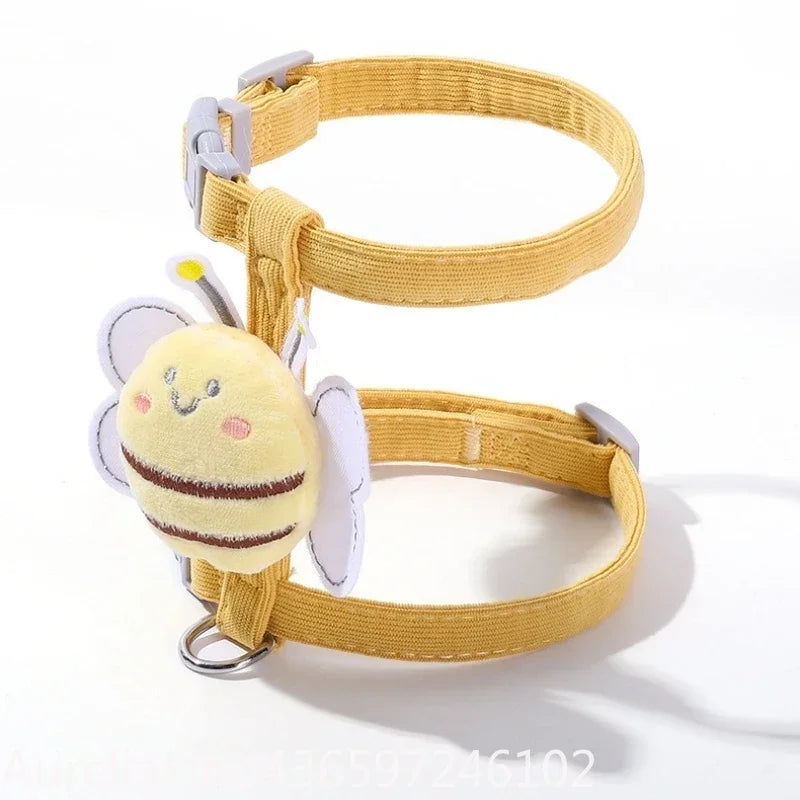 Cartoon Bee Double‑Layer Pet Harness Collar Leash Set Adjustable For Cat Small Medium Dog Outdoor Walking Supply