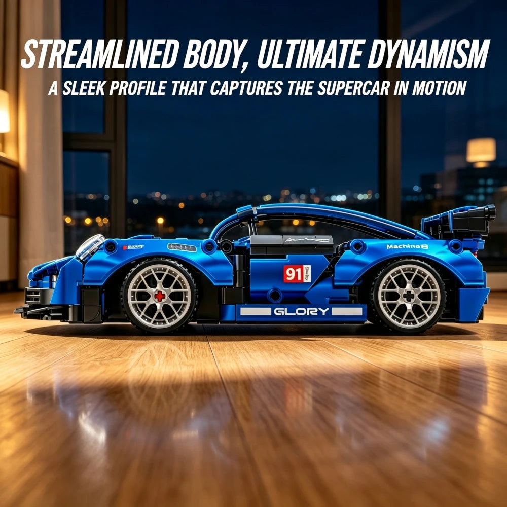 KAVOWORLD Metallic Blue Plated Sports Car Building Blocks Small Supercar Model Toy Kit Race Car Building Set for Teens 14+ GT Assembly Display Model with Rear Wing Spoiler European Classic Speed Car Desktop Decor Halloween Th