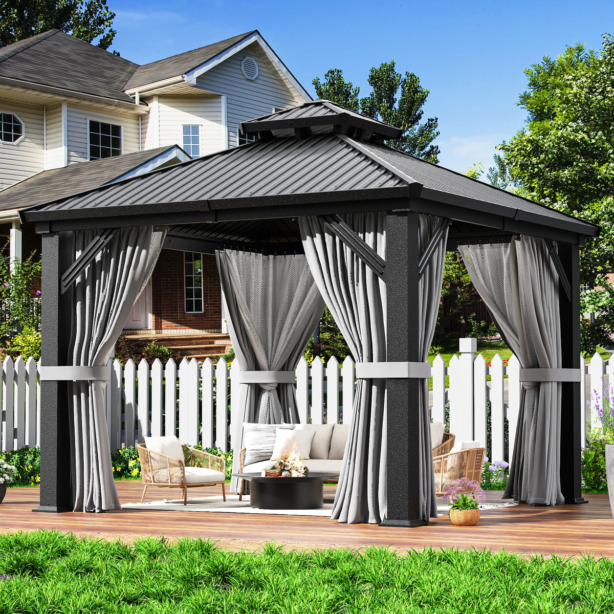 VIWAT 10x10 FT Hardtop Gazebo Galvanized Steel Roof W/ Netting Curtain All Weather for Backyard Patio Garden